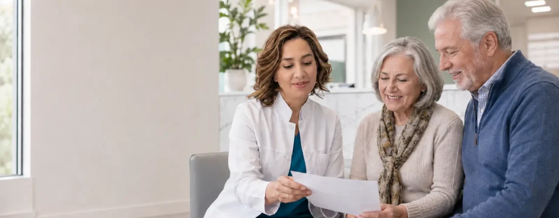 Dr. Shima Safaeian reviewing a dental care plan with an older couple.