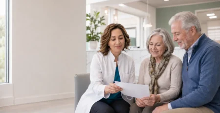 Dr. Shima Safaeian reviewing a dental care plan with an older couple.