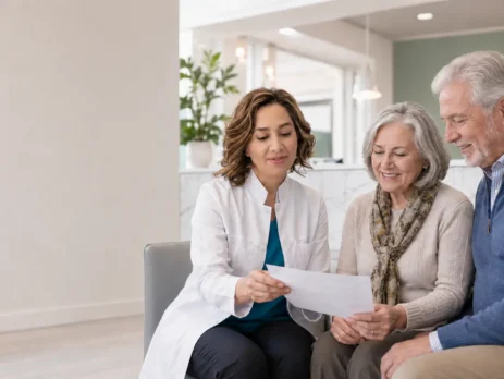 Dr. Shima Safaeian reviewing a dental care plan with an older couple.