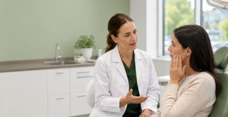 Dentist calmly discussing urgent tooth pain with a patient in a bright dental clinic.