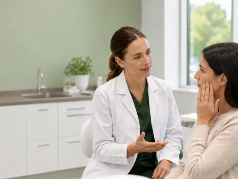 Dentist calmly discussing urgent tooth pain with a patient in a bright dental clinic.