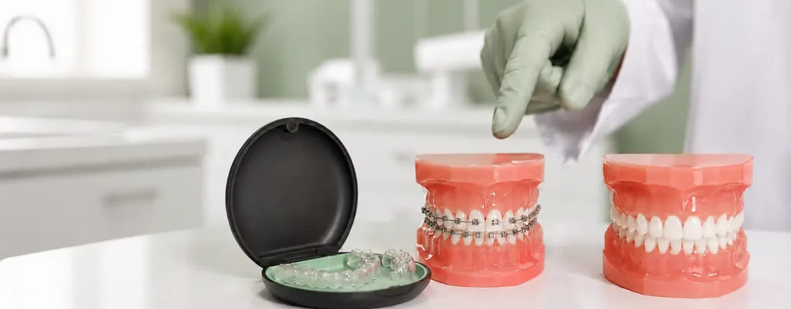 Clear aligner trays and a dental model with braces displayed for comparison.