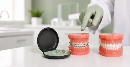 Clear aligner trays and a dental model with braces displayed for comparison.