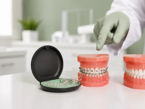 Clear aligner trays and a dental model with braces displayed for comparison.