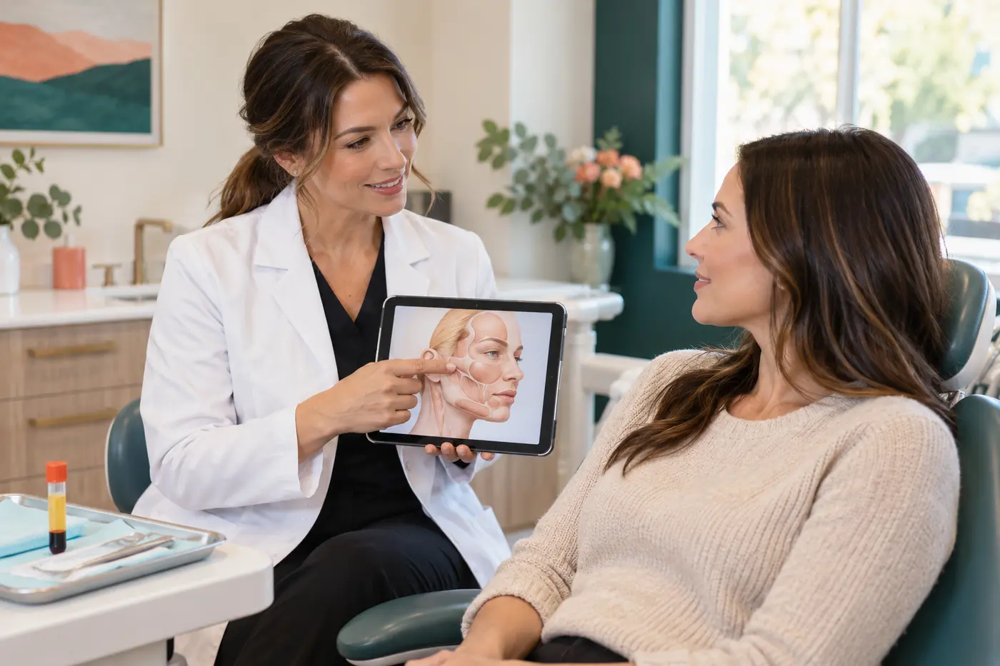Dental clinician discussing facial and jaw treatment options with a patient
