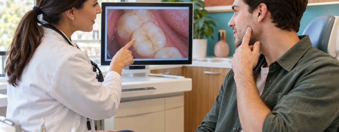 Dentist discusses a cracked tooth with a patient