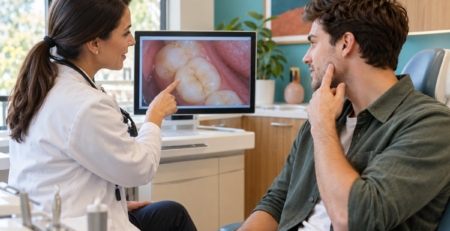 Dentist discusses a cracked tooth with a patient