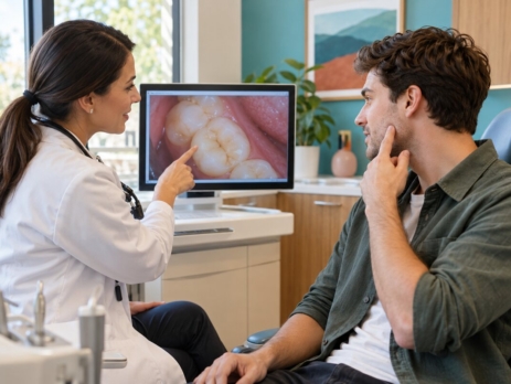 Dentist discusses a cracked tooth with a patient