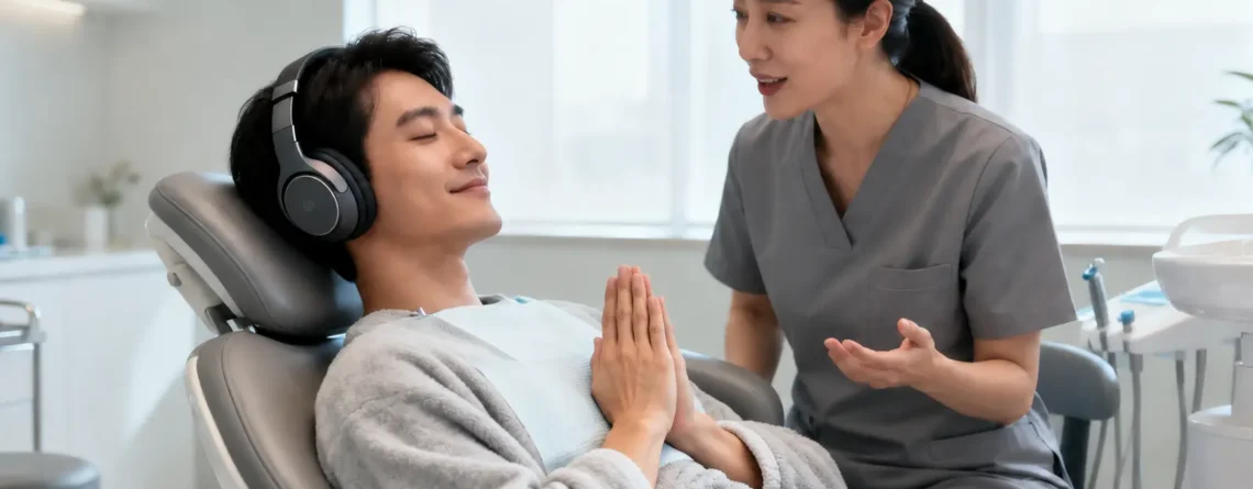 Patient practising meditation with headphones in a dental chair while a dental professional offers support