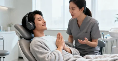 Patient practising meditation with headphones in a dental chair while a dental professional offers support