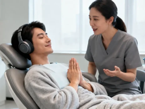 Patient practising meditation with headphones in a dental chair while a dental professional offers support