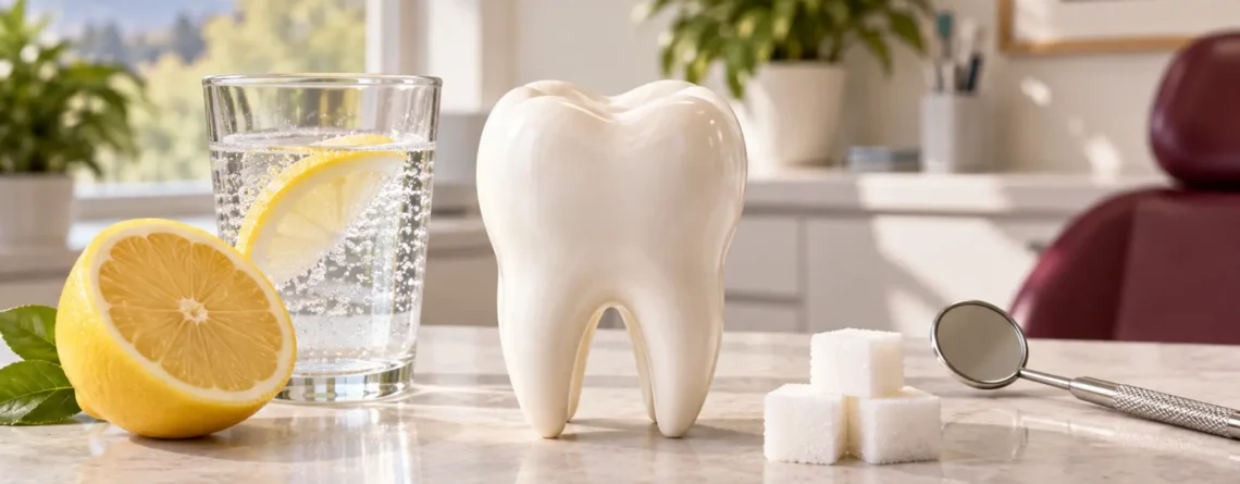 Tooth model between lemon water and sugar cubes illustrating dental erosion and tooth decay