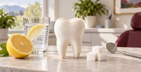 Tooth model between lemon water and sugar cubes illustrating dental erosion and tooth decay