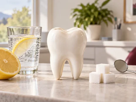 Tooth model between lemon water and sugar cubes illustrating dental erosion and tooth decay