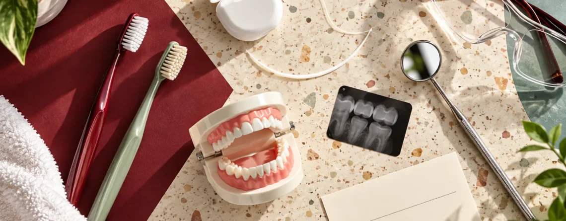 Preventive dental care items including toothbrushes, floss, a dental model, mirror and X-ray