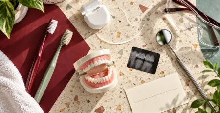 Preventive dental care items including toothbrushes, floss, a dental model, mirror and X-ray