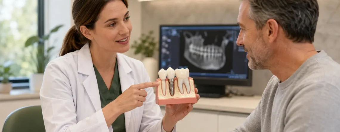 Dentist explaining a dental implant model to a patient