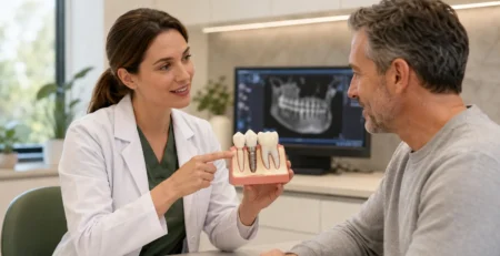 Dentist explaining a dental implant model to a patient