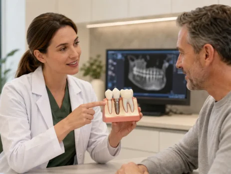 Dentist explaining a dental implant model to a patient