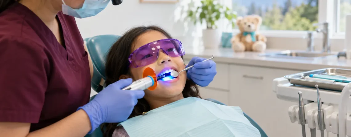 Child wearing protective glasses while receiving a dental sealant treatment