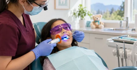Child wearing protective glasses while receiving a dental sealant treatment