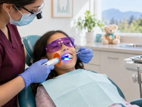 Child wearing protective glasses while receiving a dental sealant treatment
