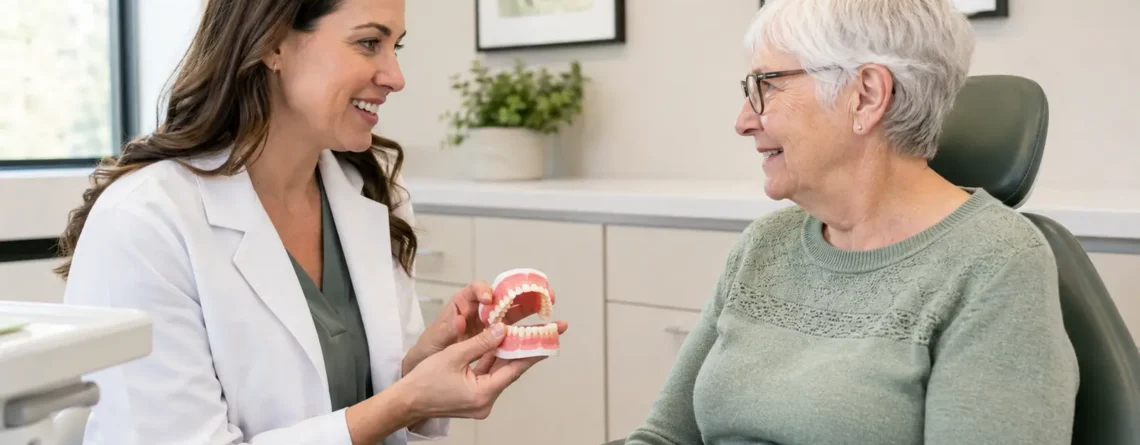 Dentist explaining a denture model to an older patient