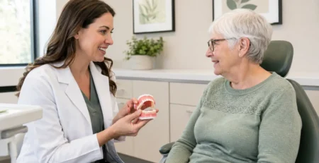Dentist explaining a denture model to an older patient