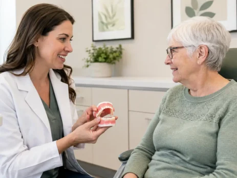 Dentist explaining a denture model to an older patient
