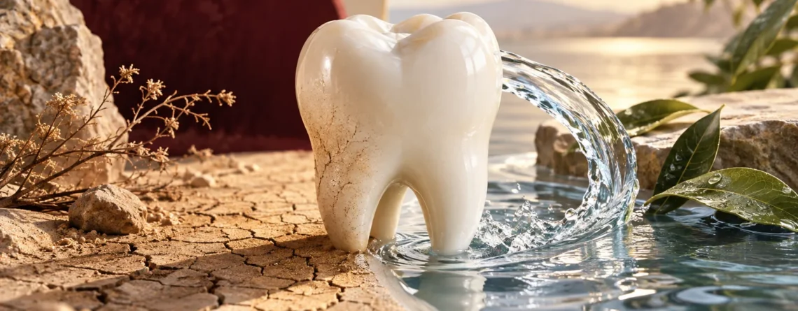 Conceptual tooth between a dry landscape and flowing water illustrating dry mouth
