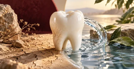 Conceptual tooth between a dry landscape and flowing water illustrating dry mouth
