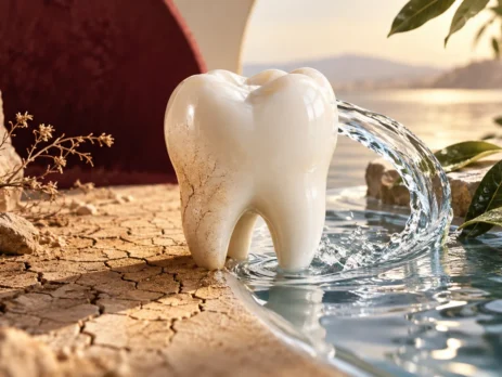 Conceptual tooth between a dry landscape and flowing water illustrating dry mouth