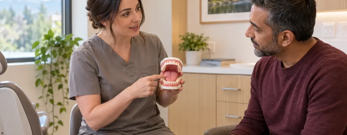 Dentist using a dental model to explain common causes of persistent bad breath to a patient