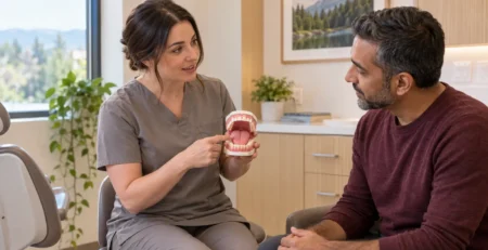 Dentist using a dental model to explain common causes of persistent bad breath to a patient