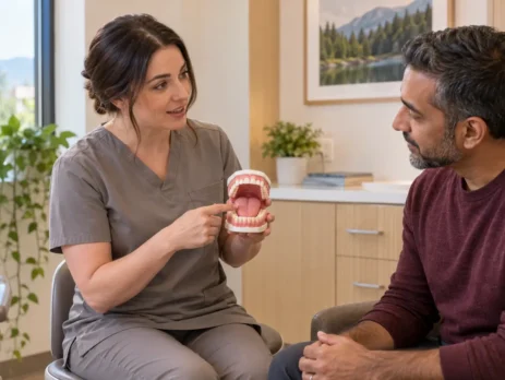 Dentist using a dental model to explain common causes of persistent bad breath to a patient