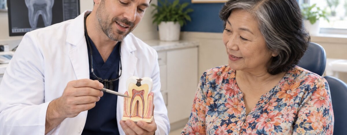 Dentist explains root canal treatment using a tooth model