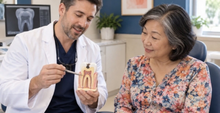 Dentist explains root canal treatment using a tooth model