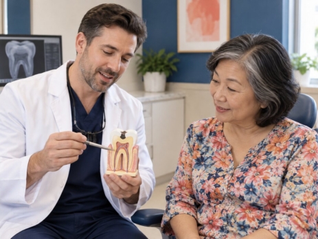 Dentist explains root canal treatment using a tooth model