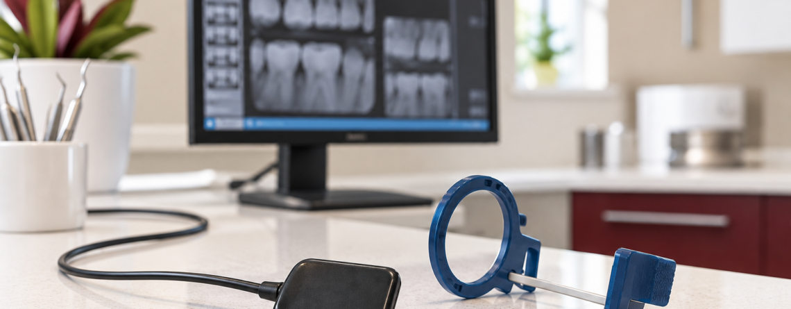 Digital dental X-ray sensor and positioning holder with a full monitor visible in the background