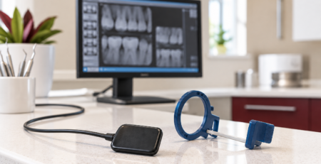 Digital dental X-ray sensor and positioning holder with a full monitor visible in the background