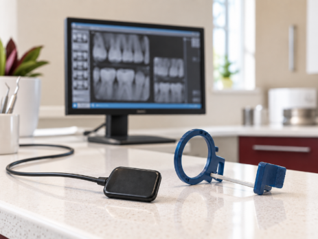 Digital dental X-ray sensor and positioning holder with a full monitor visible in the background