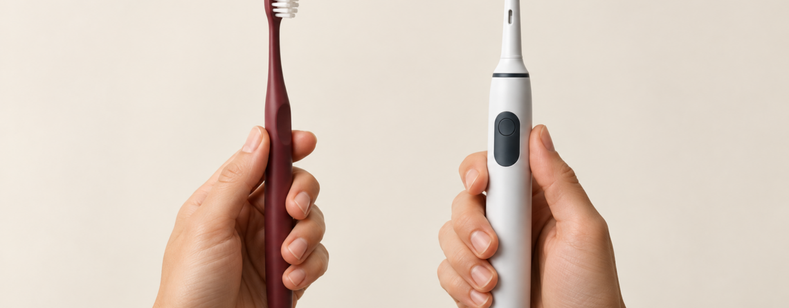 Two hands holding an electric toothbrush and a manual toothbrush for comparison