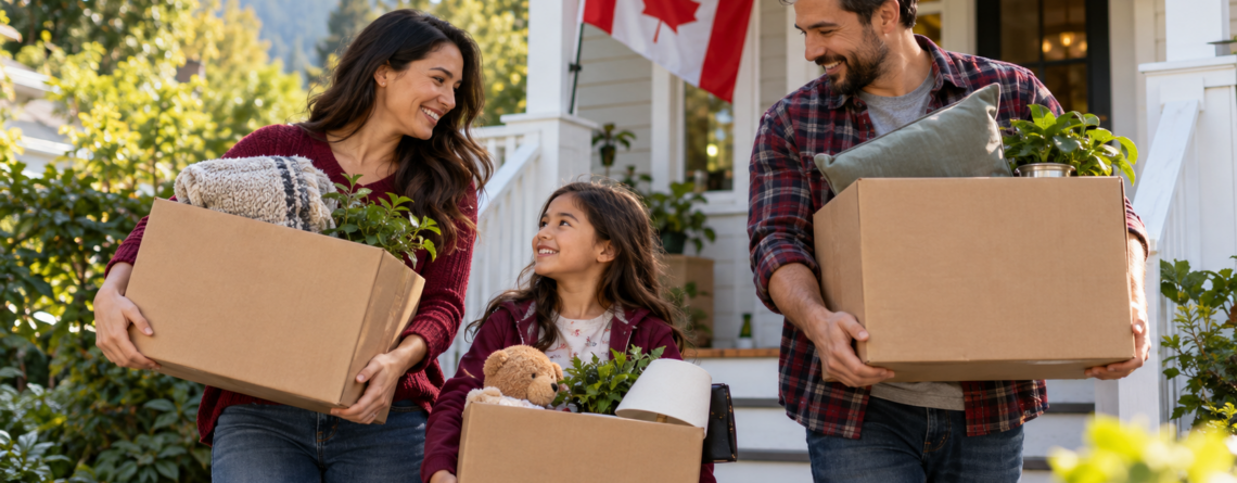 Family arriving at their new home in Canada with moving boxes and a Canadian flag