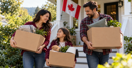 Family arriving at their new home in Canada with moving boxes and a Canadian flag