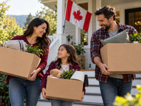 Family arriving at their new home in Canada with moving boxes and a Canadian flag