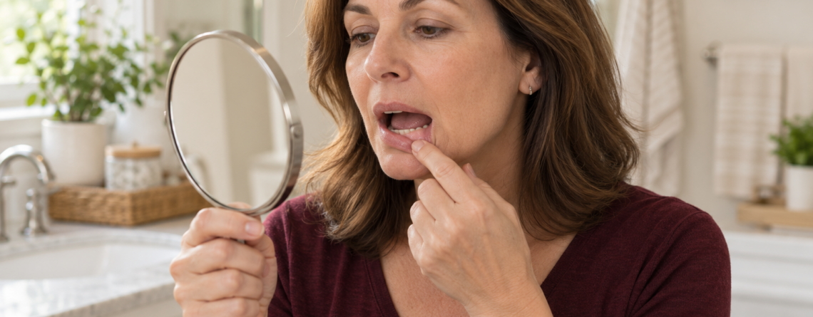 Woman using a handheld mirror to check the inside of her lower lip