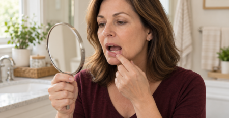 Woman using a handheld mirror to check the inside of her lower lip
