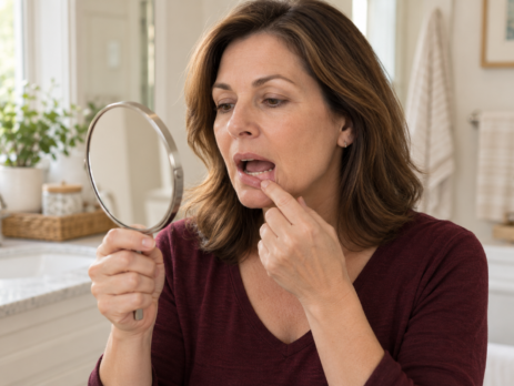 Woman using a handheld mirror to check the inside of her lower lip